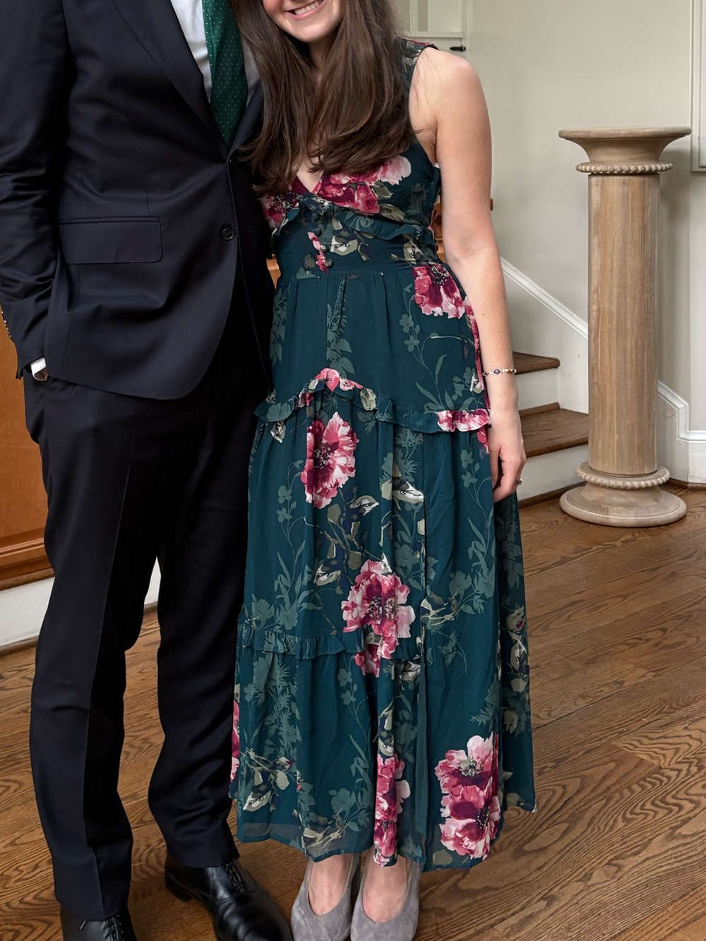 Floral Deep Green V-Neck Maxi Dress